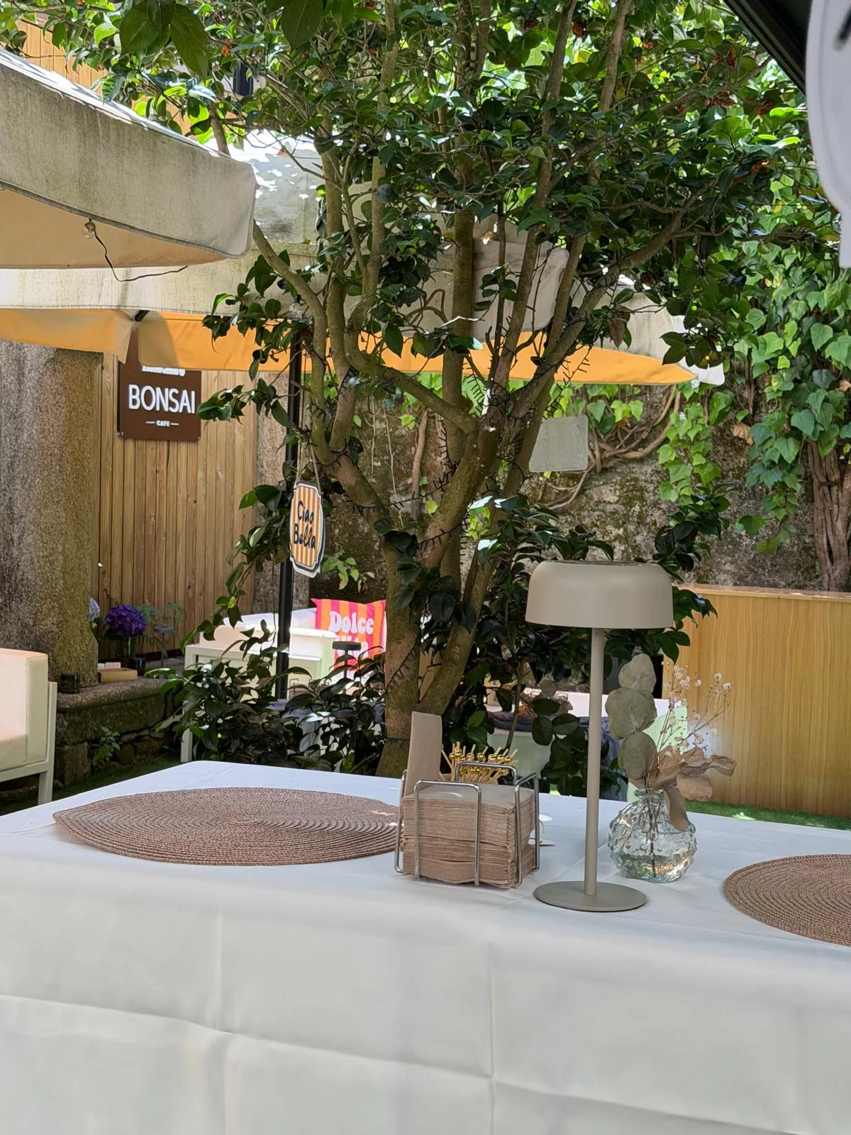 Mesa vestida de blanco en la terraza de Bonsai Café, bajo la camelia y junto al cartel del local