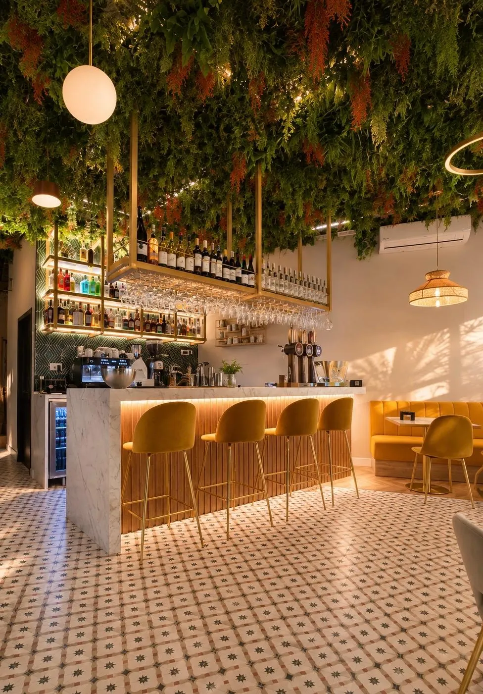 La barra de Bonsai Café: mostrador de mármol, taburetes de terciopelo mostaza, el botellero iluminado y el techo cubierto de vegetación